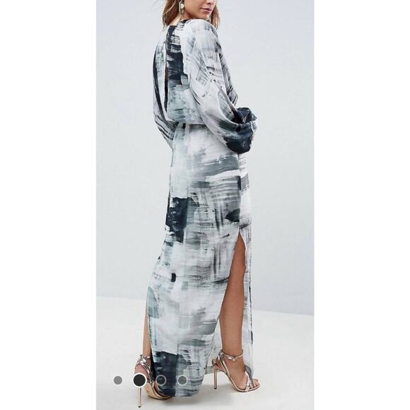 ASOS Maxi Dress Deep V-neck Batwing Sleeve Abstract Gray Black Lavender Size 10 - Picture 4 of 9